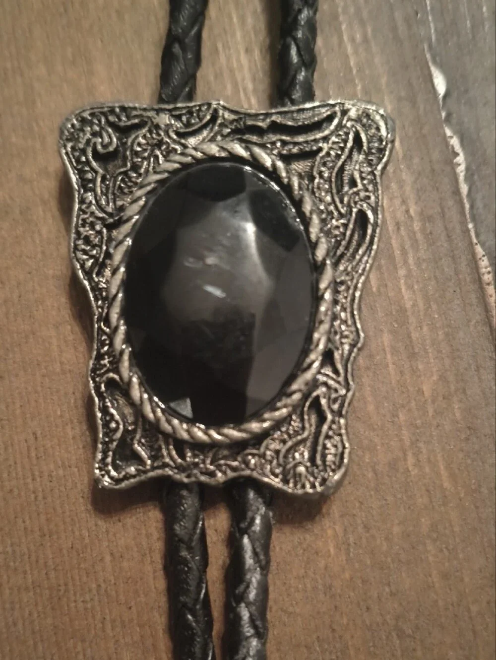 Western Black Bolo Tie with Ornate Silver-tone Stone Slide